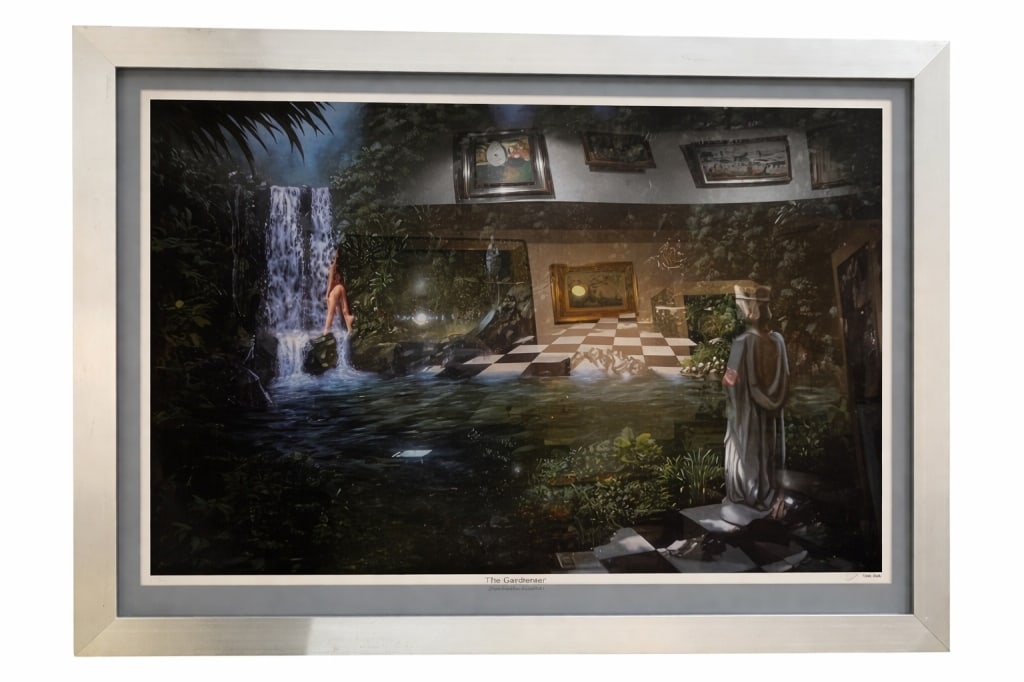 CANVAS PRINT LTD ED JIM TODD "THE GUARDIAN" ART: - Canvas print- Surrealistic Chess Scene with Nude Bather - JIM TODD artist - Measures 24" x 32" in size with frame- good condition with some wear to the steel framingmsnBy bidding on this listing, yo