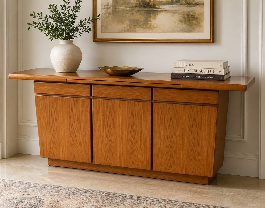 MID-CENTURY DANISH MODERN TEAK CREDENZA 74": Handsome Mid-Century Modern credenza or sideboard featuring warm teak-toned wood construction with a long rectangular top, three lower cabinet doors, and three shallow drawers positioned directly bene