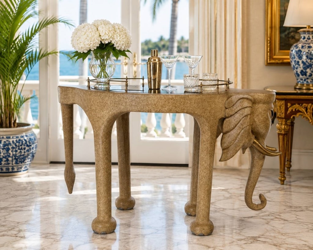 MARGE CARSON ELEPHANT BAR CART 48": Exceptional Marge Carson sculptural elephant-form bar console table on wheels featuring a dramatic stylized elephant head with dimensional ears, long curled trunk and tusk details. The architectural b