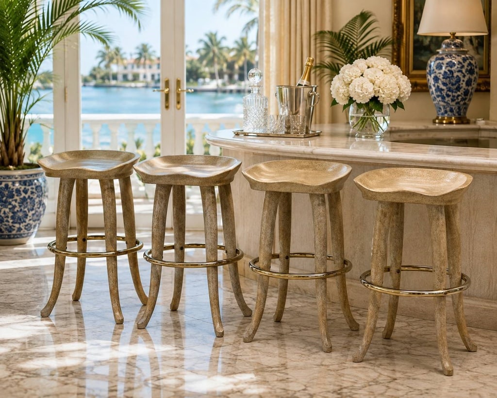 MARGE CARSON SET OF 4 BAR BEIGE STOOLS 30": Set of four sculptural Marge Carson bar stools featuring molded saddle-style seats, gracefully curved legs and polished brass-tone circular footrests. The distinctive organic form and neutral stone-in