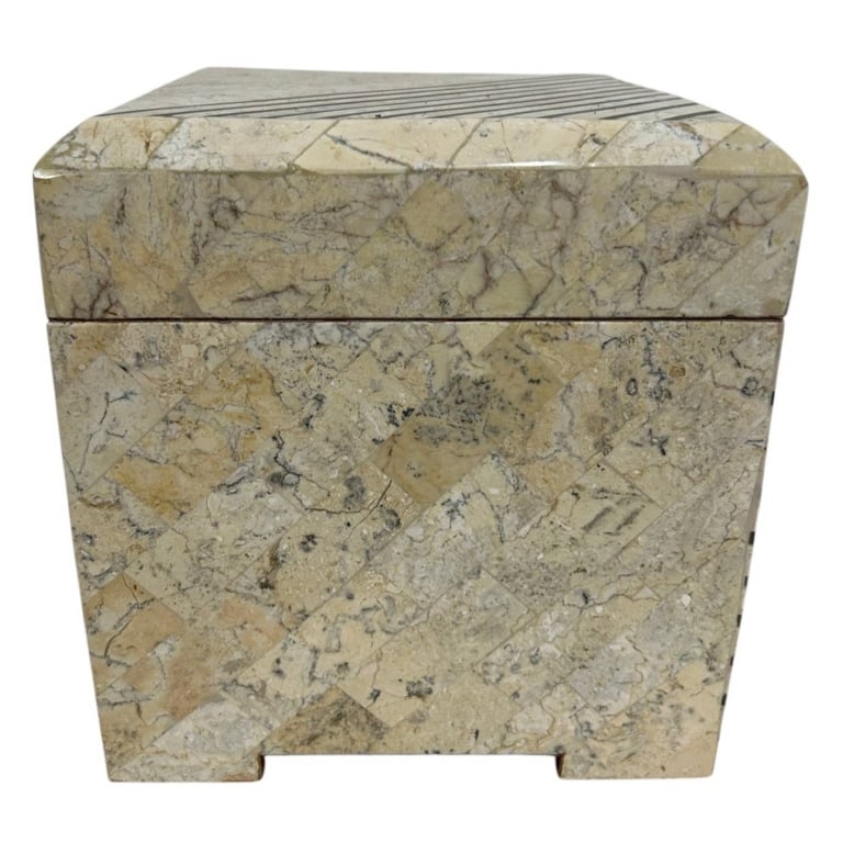 MAITLAND-SMITH MARBLE DECORATIVE BOX 9": Maitland-Smith decorative lidded box featuring an elegant tessellated natural stone/marble exterior in warm cream, beige and gray tones. The geometric stone pattern is accented on one side and across 