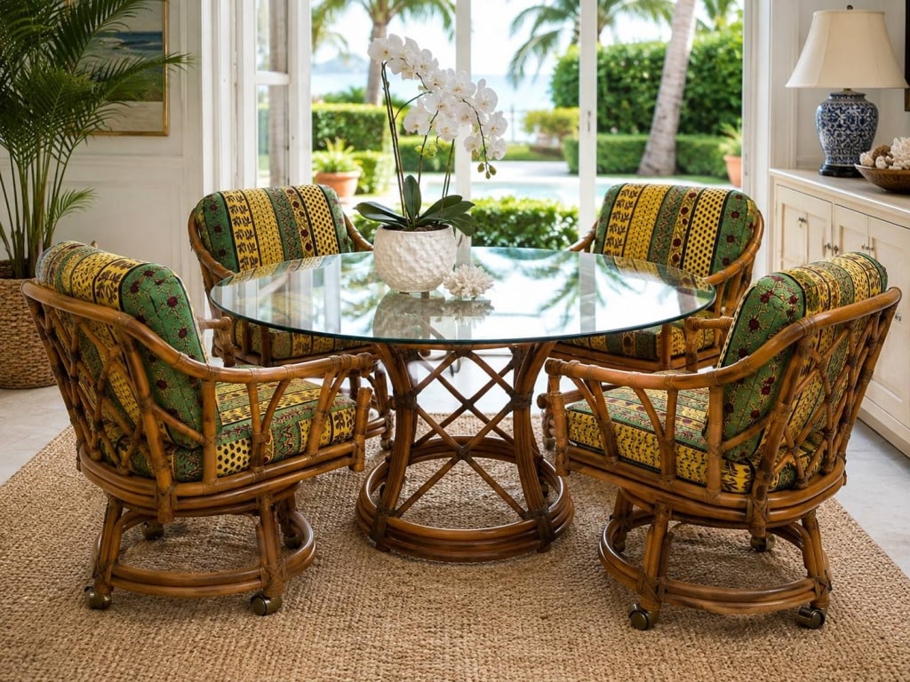 COASTAL RATTAN DINING SET TABLE & 4 ARMCHAIRS 54": Charming classic COASTAL Palm Beach-style rattan dining set featuring a round glass-top dining table accompanied by four coordinating rattan armchairs. The table features a sculptural woven rattan ped