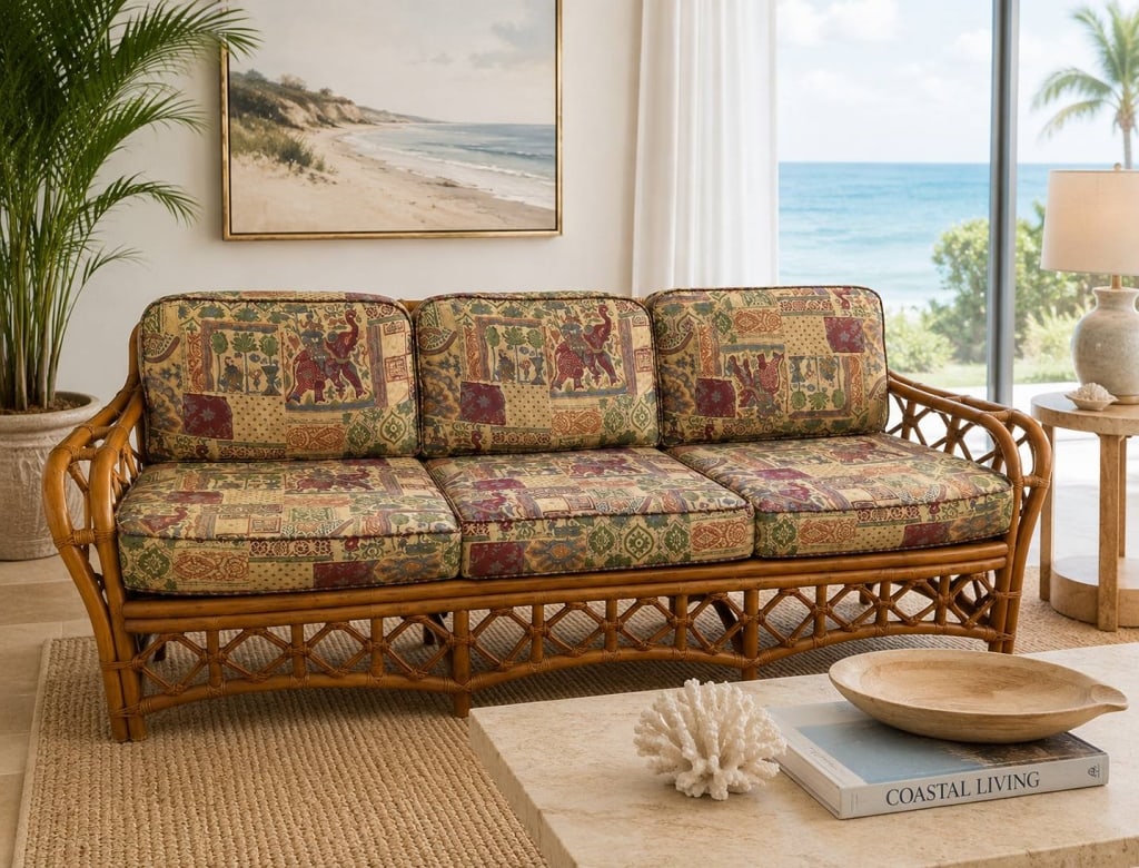 COASTALRATTAN SOFA WITH ASIAN MOTIF 82" (1 of 7)