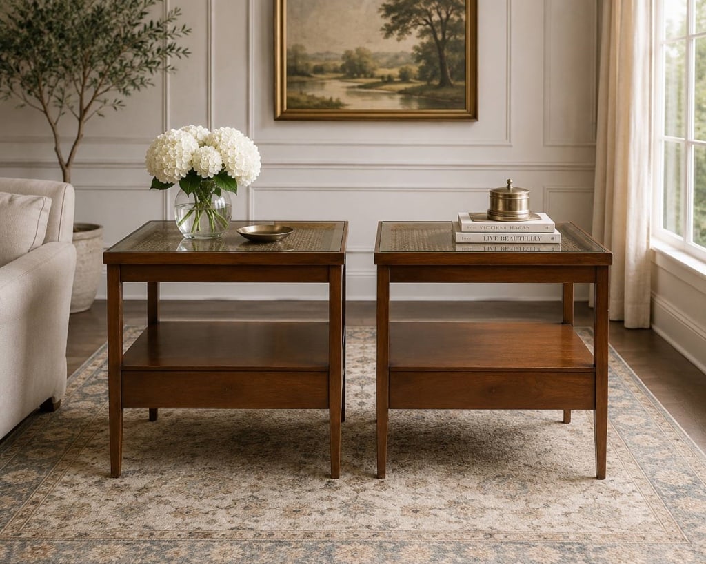 WIDDICOMB MID-CENTURY WOOD RATTAN GLASS END TABLES (1 of 8)
