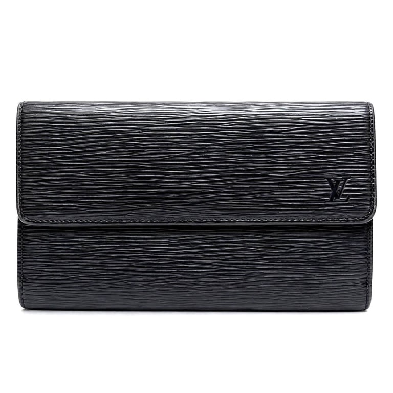 LOUIS VUITTON BLACK EPI LEATHER WALLET 8": Louis Vuitton long wallet crafted in classic black Epi leather featuring the house's distinctive textured grain and subtle embossed LV logo at the lower corner. Sleek envelope-style flap design with s