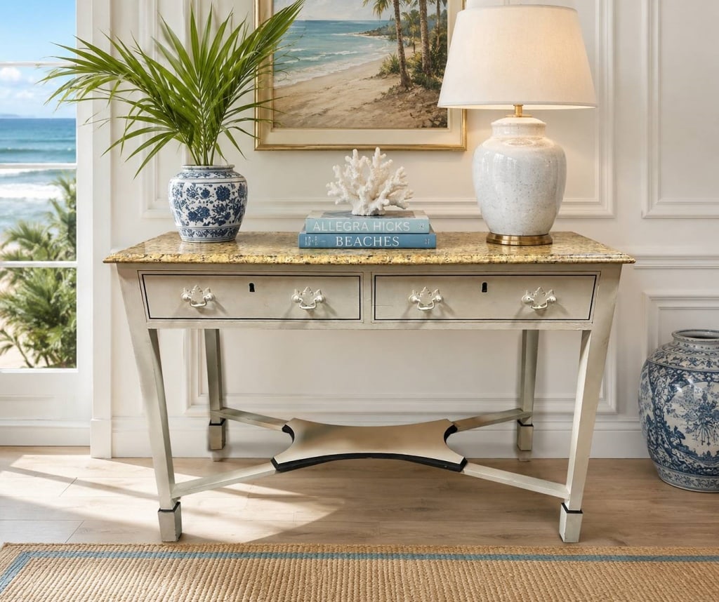CONSOLE TABLE COASTAL STYLE 2-DRAWER 44": Elegant two-drawer console table featuring a polished natural stone/granite top in warm cream, gold, taupe and charcoal tones. The painted light neutral frame is accented with contrasting dark trim, d