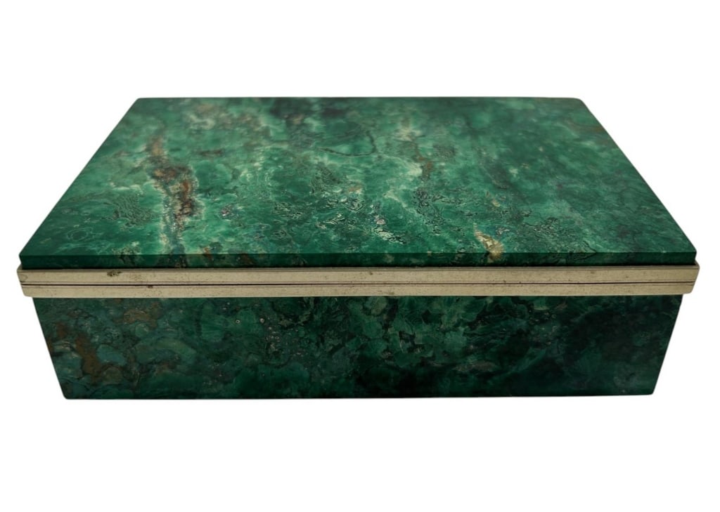 VINTAGE GREEN STONE DECORATIVE BOX 5": Elegant vintage rectangular decorative box crafted with richly figured polished green natural stone panels, displaying dramatic variations of emerald, forest green and earthy mineral tones. The box is