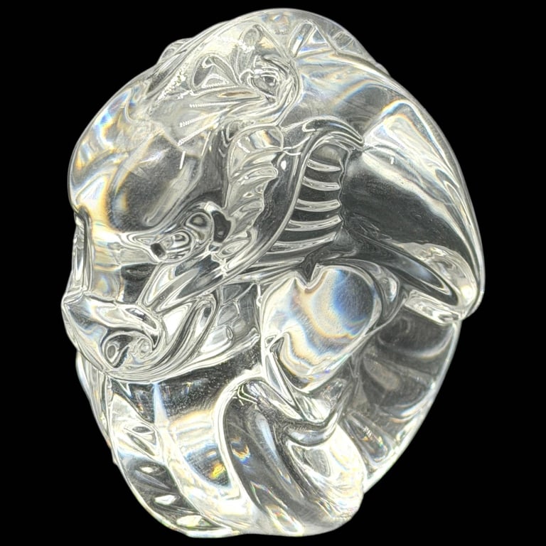 STEUBEN SIGNED CRYSTAL DRAGON HAND COOLER 3": Vintage signed Steuben Crystal Dragon hand cooler, miniature sculpture and paperweight, crafted in substantial clear crystal. Features a highly stylized curled dragon modeled in relief with sweeping w