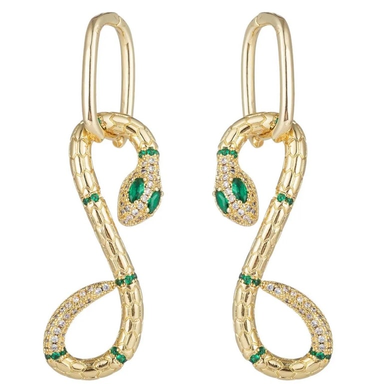NEW 18K GP SNAKE CZ EARRINGS: Entrance everyone in the room with these beautiful snake earrings. With a vibrant emerald green and slick gold color, these dangle earrings bring a whole new definition to fashion! | | Product Details