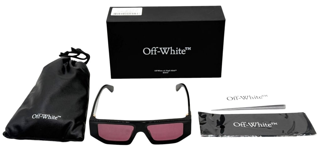 OFF-WHITE VANCOUVER BLACK BURGANDY SUNGLASSES SET: Off-White Vancouver sunglasses featuring black angular frames with burgundy-tinted lenses and signature arrow hardware accents. Model OERI13F, made in Italy, and presented with original box, pouch, bo