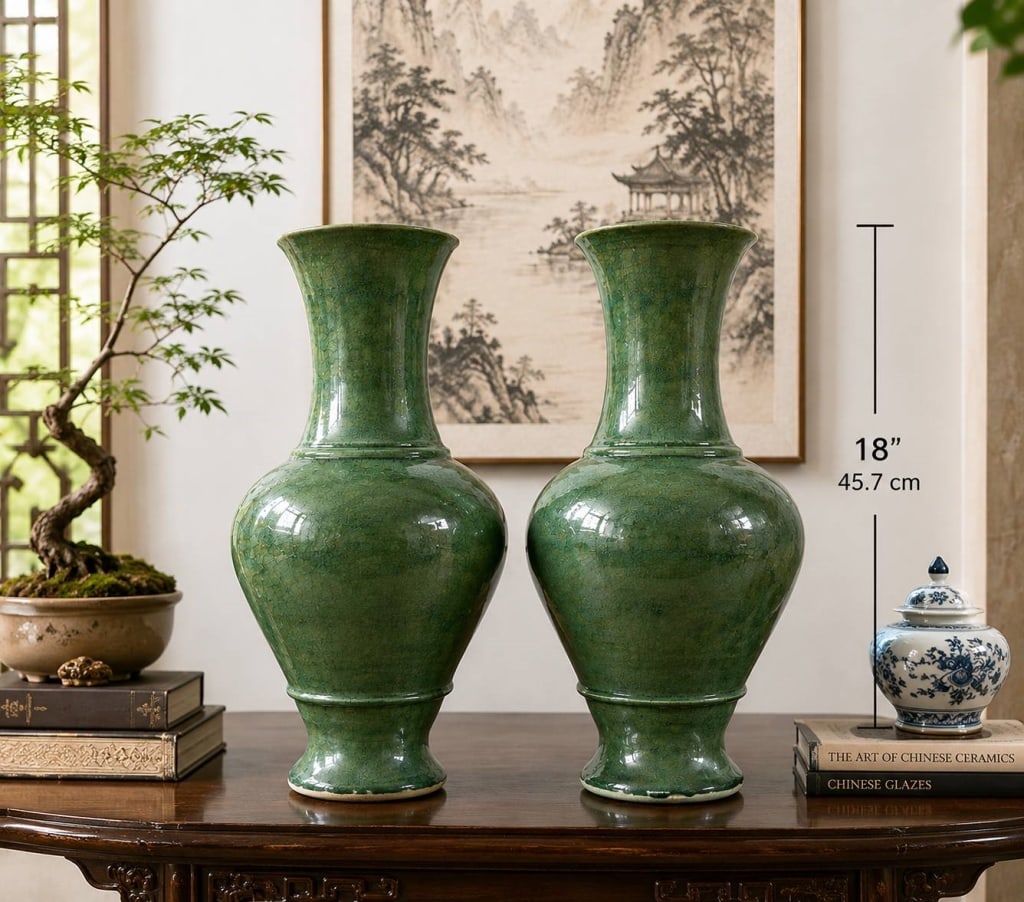 PAIR CHINESE GREEN GLAZED VASES 18": Impressive pair of large Chinese-style ceramic vases featuring a rich mottled green glaze with an attractive crackle-effect surface. Each vase has a classic baluster form with a rounded body, elongate