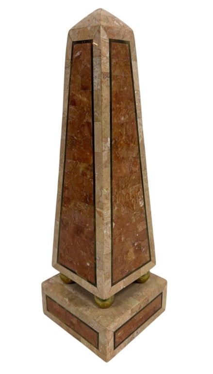 MAITLAND-SMITH MARBLE OBELISK 16": Vintage Maitland-Smith decorative obelisk crafted with richly figured marble or stone veneer in warm rose, rust and cream tones. The tapered four-sided form features contrasting dark inlaid borders, a