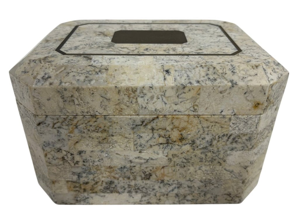 MAITLAND-SMITH STONE DECORATIVE BOX 8": Maitland-Smith decorative lidded box featuring a sophisticated octagonal form clad in richly figured cream and gray natural stone with contrasting dark inlay detail on the lid. The hinged box opens to