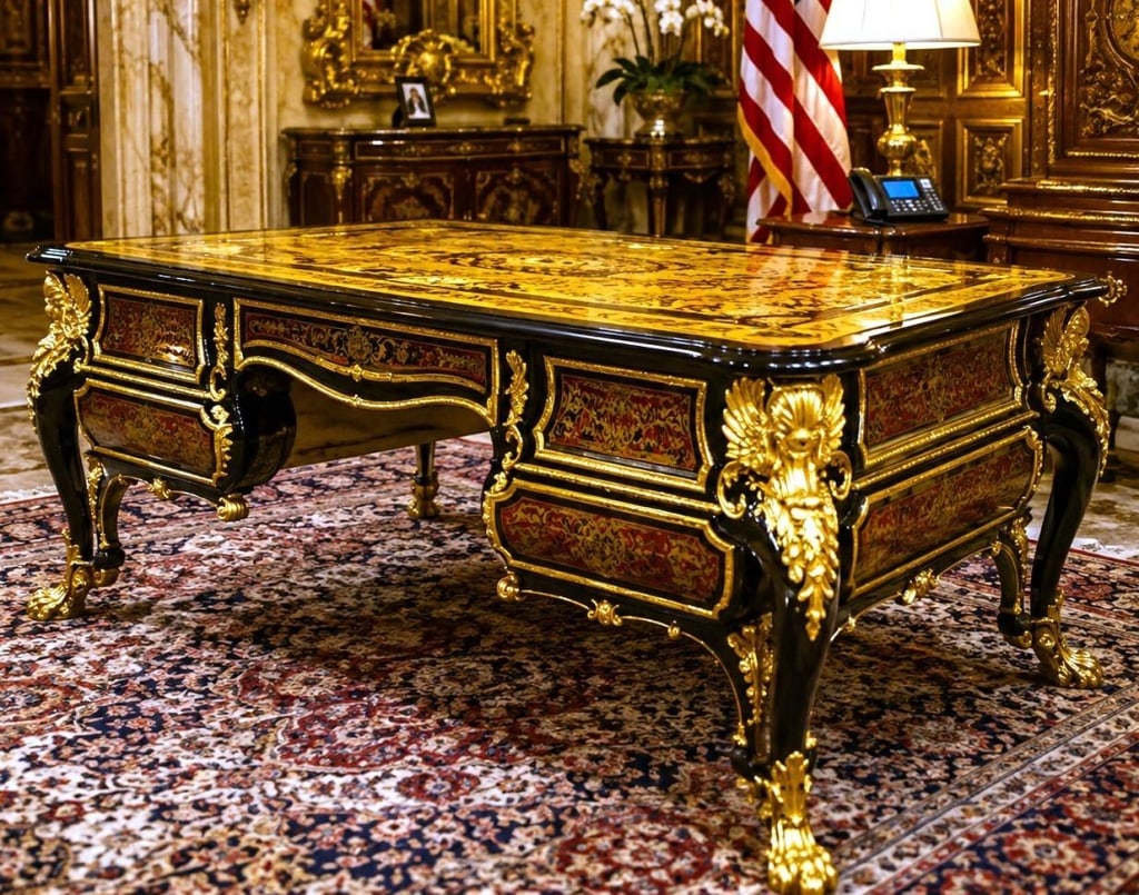 OWNED BY PRESIDENT TRUMP NAPOLEON III DESK 70": Impressive monumental Napoleon III / French Second Empire style partners desk featuring an ebonized finish richly decorated with red tortoiseshell-style and brass Boulle-inspired marquetry. The substa