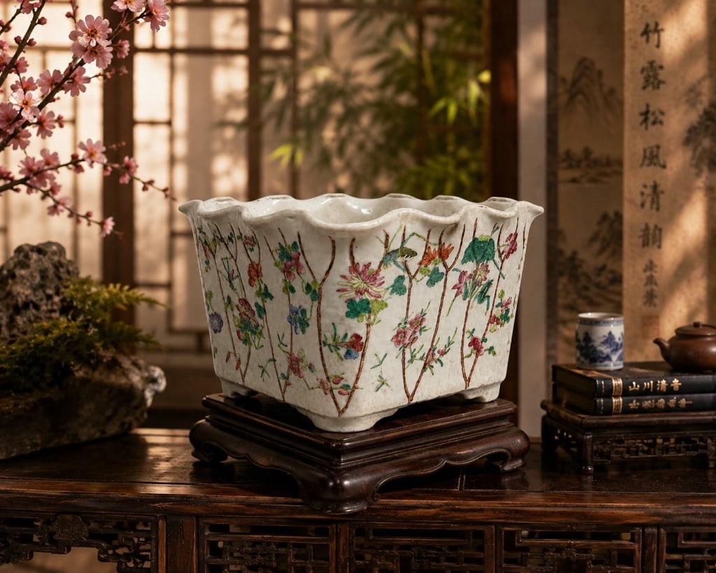 CHINESE FAMILLE ROSE PORCELAIN PLANTER 9": Elegant Chinese porcelain planter or jardiniere with scalloped rim and molded paneled form, hand decorated in famille rose enamels with flowering branches, lotus, chrysanthemums, foliage, birds, insec