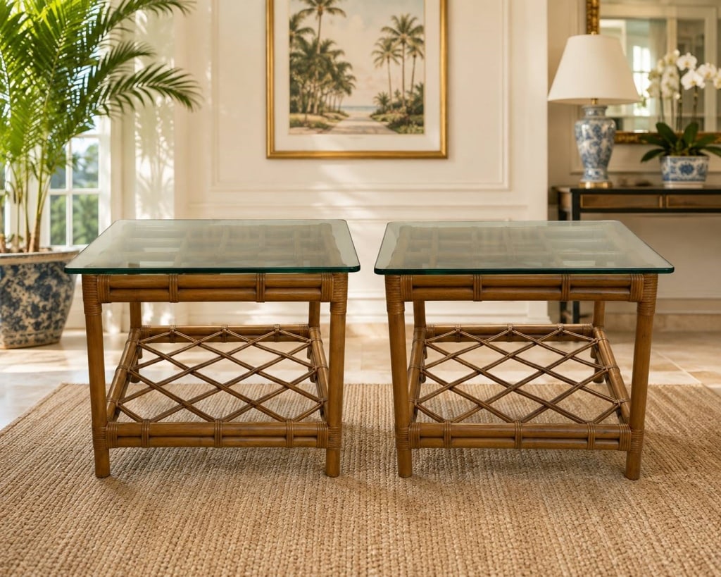 PAIR OF BAMBOO RATTAN GLASS TOP TABLES 26": Pair of elegant vintage-style bamboo and rattan occasional tables featuring warm honey-brown frames, wrapped joint detailing, removable clear glass tops, and decorative open lattice lower shelves. The