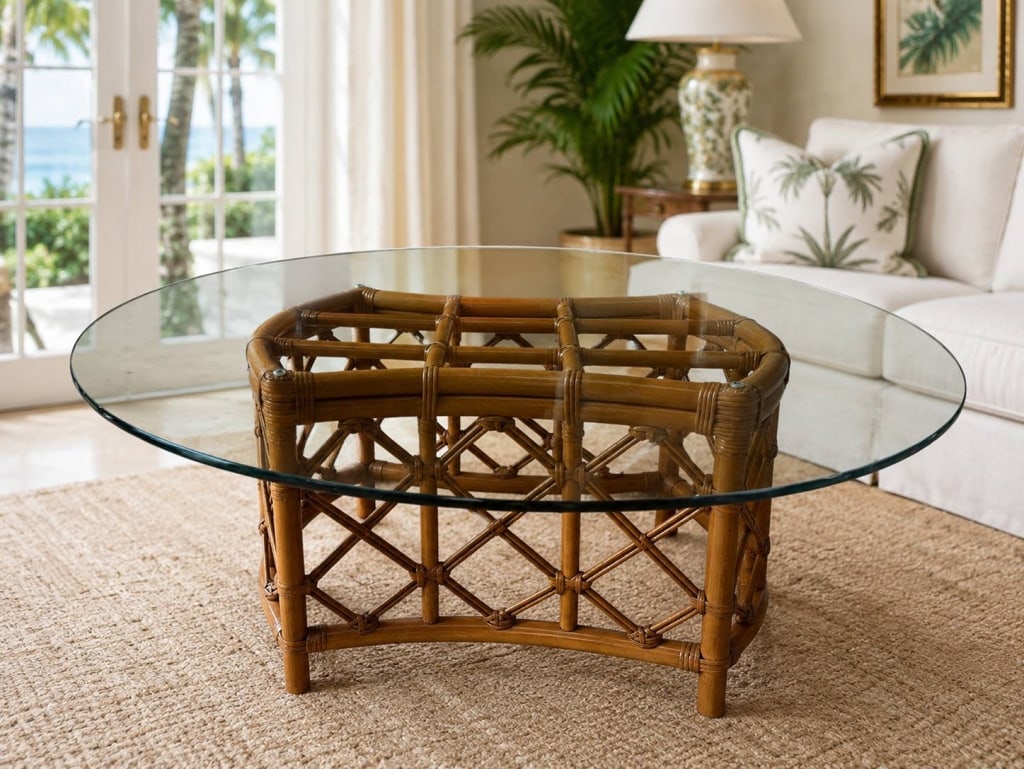 RATTAN GLASS TOP COASTAL COFFEE TABLE 48": Palm Beach-style rattan coffee table featuring a warm honey-brown finish, rounded framework, decorative wrapped joints and an open geometric lattice design. The substantial rattan base supports a larg