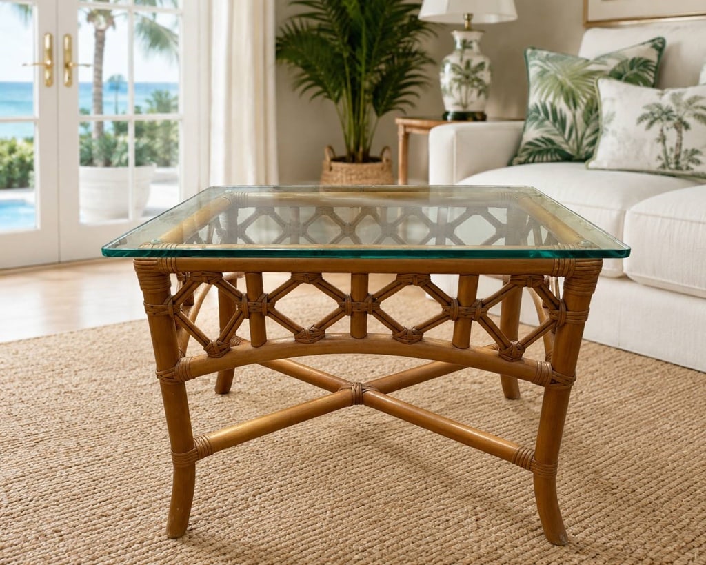 RATTAN GLASS SIDE TABLE 24": Palm Beach Regency-style rattan side table featuring a warm honey-brown finish, decorative geometric latticework, wrapped joints, curved apron and X-form lower stretcher. Topped with a substantial rem