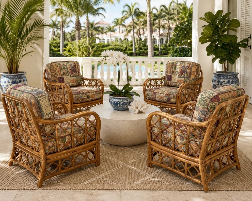 SET OF 4 PALM BEACH RATTAN ARMCHAIRS 34": Set of four Palm Beach-style rattan armchairs featuring warm honey-toned frames with decorative geometric latticework and wrapped joints. Each chair is fitted with removable seat and back cushions uph
