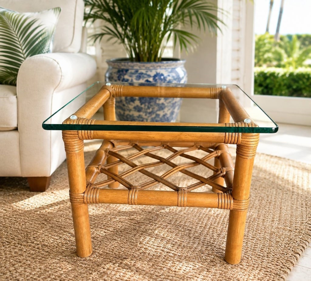 BAMBOO RATTAN GLASS SIDE TABLE 20": Palm Beach-style bamboo and rattan side table featuring a warm honey-toned finish, wrapped rattan joints, open lattice lower shelf, and removable clear glass top with rounded corners. Classic coastal 