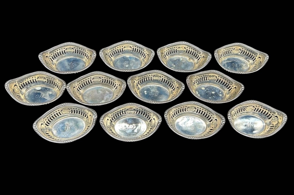 SET 12 STERLING SILVER MONOGRAM NUT DISHES 250G 3" (1 of 6)