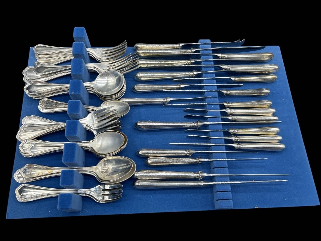 CHRISTOFLE FRENCH SILVER FLATWARE SERVICE 68 PCS: Extensive vintage Christofle French silver-plated flatware service featuring an elegant traditional pattern with shaped handles and classic French styling. Large assembled service includes dinner fork