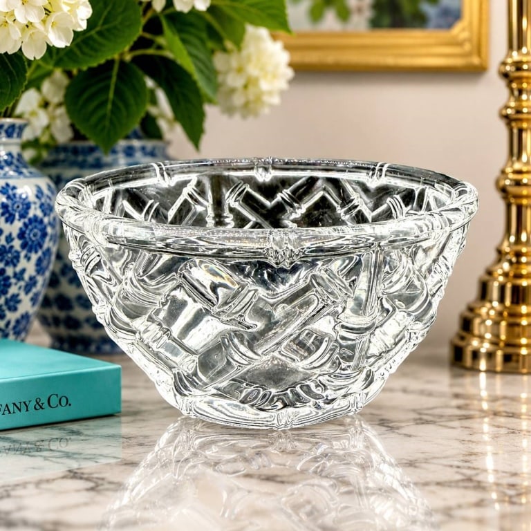 TIFFANY & CO. RARE BAMBOO CRYSTAL BOWL 6": Rare Tiffany & Co. clear crystal bowl featuring the highly desirable sculptural Bamboo pattern, with deeply molded overlapping bamboo stalks creating a dramatic dimensional design throughout the bowl 