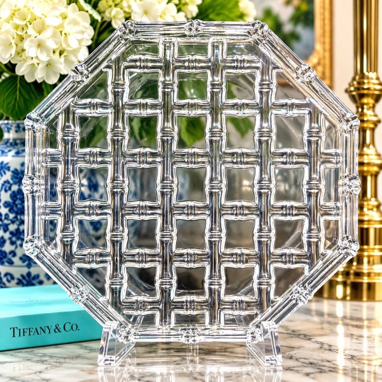 TIFFANY & CO. RARE BAMBOO CRYSTAL PLATTER 8": Tiffany & Co. clear crystal platter featuring an elegant dimensional bamboo lattice motif. The octagonal form is richly molded with interwoven bamboo stalks and raised geometric detailing, creating ex
