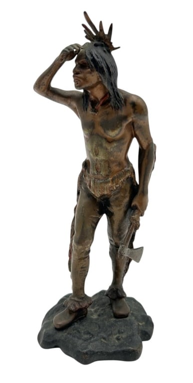 VINTAGE NATIVE AMERICAN BRONZE FIGURE 7": Vintage cast bronze figural sculpture depicting a Native American man standing in a lookout pose, one hand raised above his eyes and the other holding a small tomahawk. Finely modeled with long hair, 
