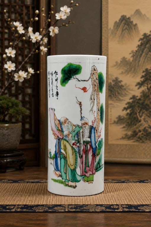 CHINESE FAMILLE ROSE PORCELAIN BRUSH POT 11": Chinese porcelain cylindrical brush pot or vase decorated in famille rose enamels with a traditional scene of three elderly scholars or immortals beneath a pine tree, accompanied by Chinese calligraph