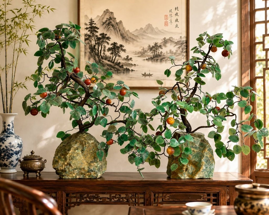 PAIR CHINESE HARDSTONE FRUIT TREES: Striking pair of vintage Chinese-style decorative hardstone bonsai or ?treasure trees,? each composed of numerous individually formed green stone leaves and colorful fruit mounted to twisting wire-wra