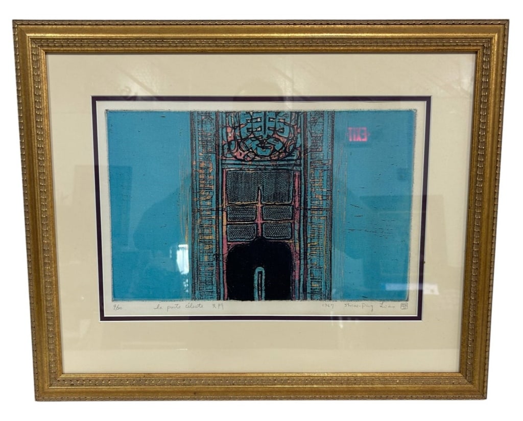 SHIH-PING TSAO SIGNED LTD ED PRINT 24": Signed and numbered limited-edition color print by Shih-Ping Tsao, dated 1967 and titled ?La Porte Celeste.? Architectural composition rendered in vivid turquoise blue, black and muted rose tones with
