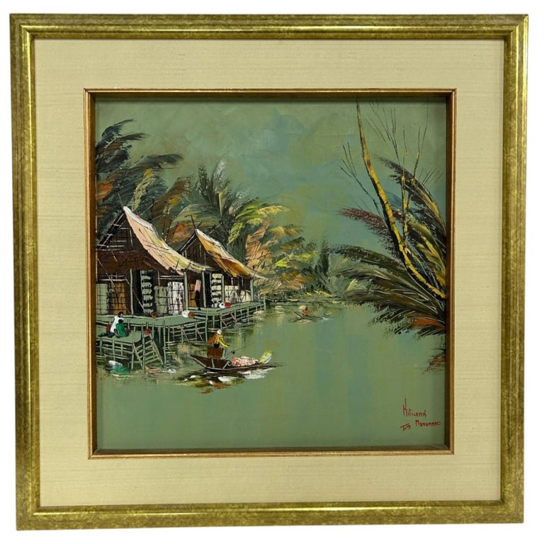 SIGNED ASIAN VILLAGE LANDSCAPE PAINTING 27": Original mid-century Asian landscape painting depicting a tranquil tropical riverside village with traditional dwellings, lush palms and figures in boats. Executed in a distinctive palette of soft gre