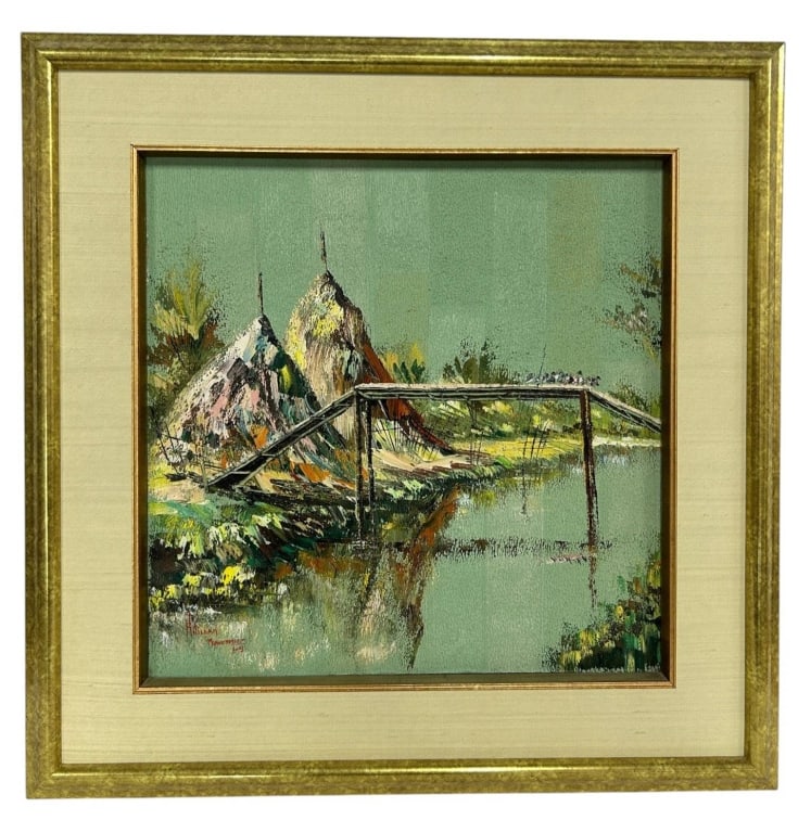SIGNED ASIAN LANDSCAPE PAINTING 29": Vintage original landscape painting signed lower left ?Kitiyong? or similar, depicting a tranquil Southeast Asian river scene with thatched village structures, a rustic footbridge, lush tropical veget
