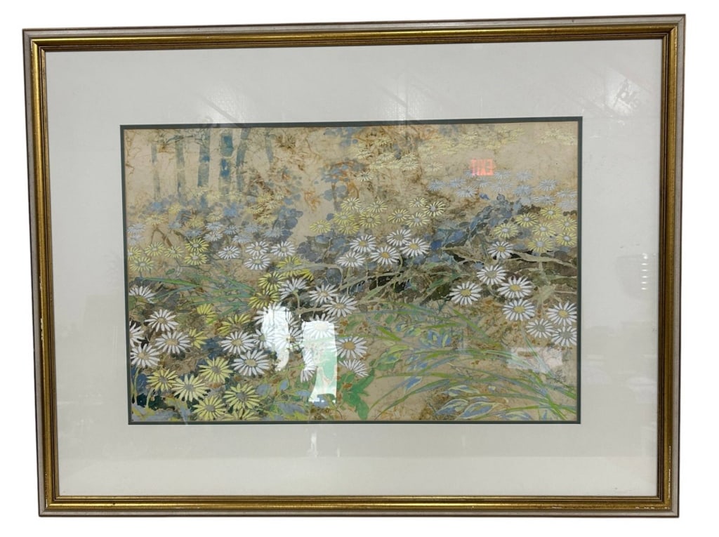 JAPANESE FLORAL MIXED MEDIA ART 42": Large Japanese-style floral composition featuring a dense field of delicate white and pale yellow chrysanthemum-like blossoms amid layered foliage in muted blue, green and earth tones. The work appear