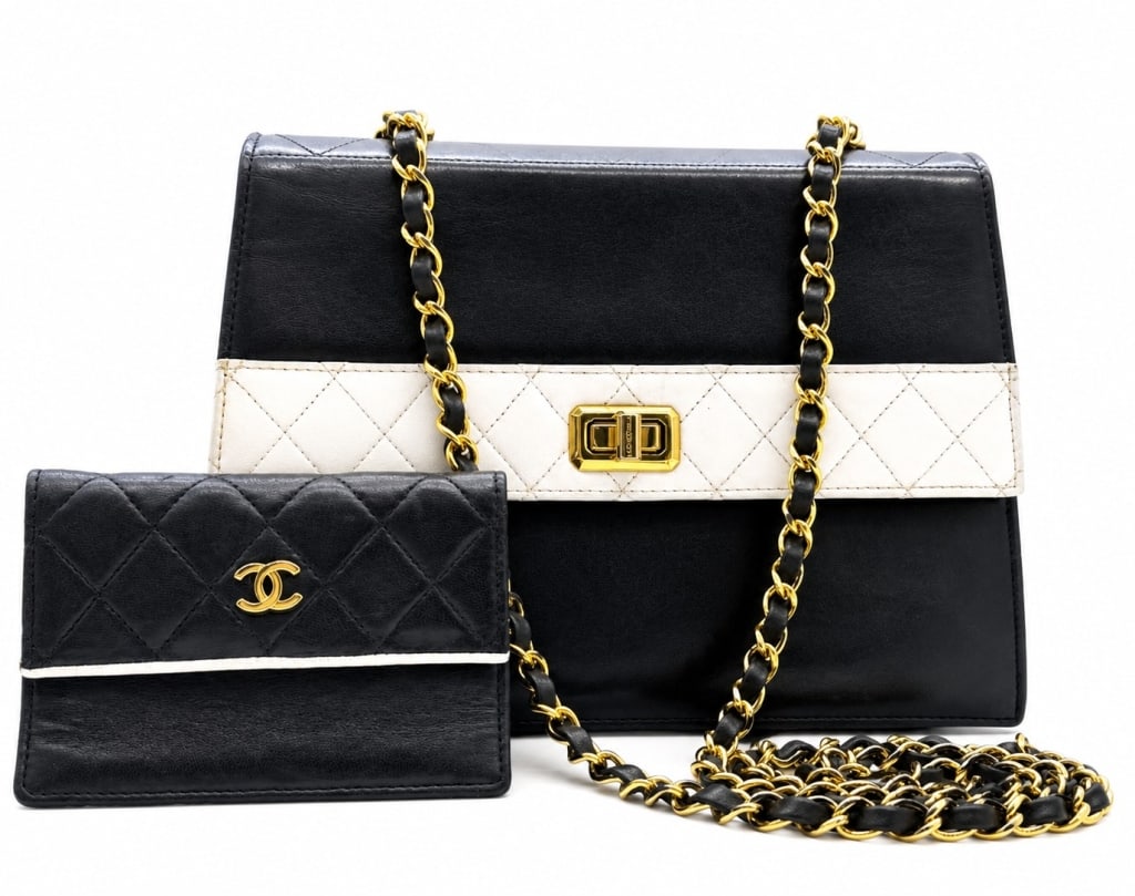 CHANEL TWO-TONE QUILTED FLAP BAG & WALLET SET 10": Elegant and timeless, this Chanel two-tone shoulder bag is crafted in black and ivory quilted leather with rich gold-tone hardware and a distinctive horizontal ivory quilted band across the flap. The 