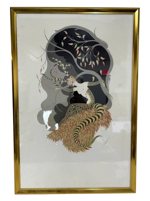 ERTE EROTIC TIGER WOMAN FRAMED ART 32": Erte (Romain de Tirtoff, 1892-1990) framed figural artwork featuring a dramatic stylized female figure intertwined with a tiger, rendered with the elegant elongated forms, theatrical composition and