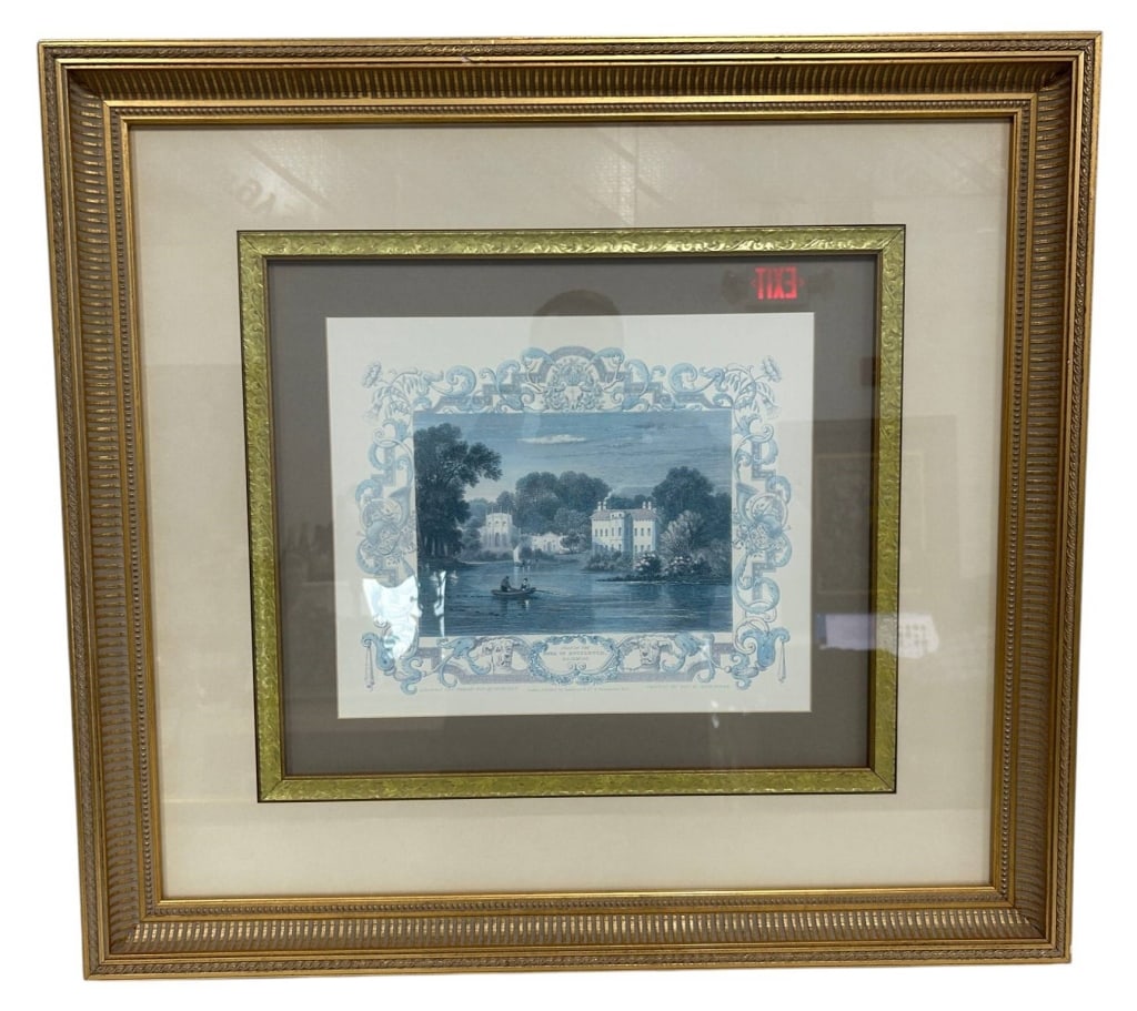 ANTIQUE STYLE FRAMED GARDEN ENGRAVING 29": Decorative antique-style blue monochrome engraving depicting a formal garden landscape with classical domed pavilion, reflecting pond, figures, swan and mature trees. The central scene is surrounded