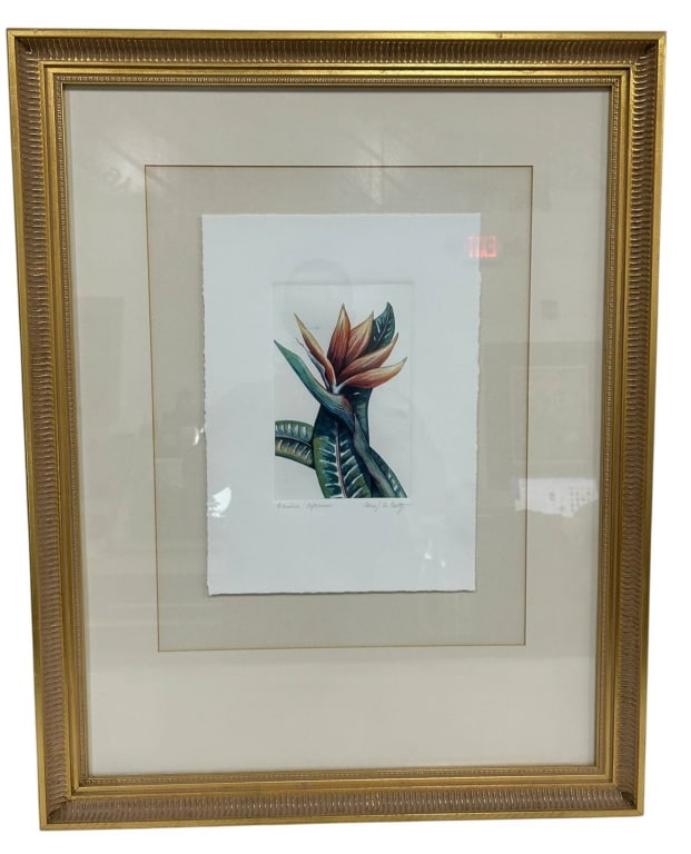 FRAMED HAWAIIAN BIRD OF PARADISE ART 29": Elegant Hawaiian botanical artwork depicting a dramatic Bird of Paradise flower with richly colored orange, green and blue foliage. Titled ?Hawaiian Appearance? in pencil beneath the image and