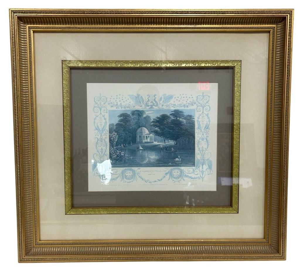 ANTIQUE STYLE FRAMED GARDEN ENGRAVING 29": Decorative antique-style blue monochrome engraving depicting a formal garden landscape with classical domed pavilion, reflecting pond, figures, swan and mature trees. The central scene is surrounded