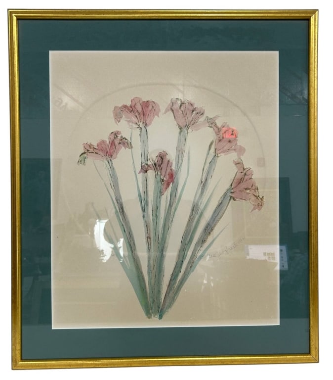 SIGNED PINK FLORAL BOTANICAL ART 33": Decorative signed floral artwork depicting a bouquet of delicate pink blossoms with elongated blue-green stems against a soft neutral ground. The loose, expressive composition has a light contemporary