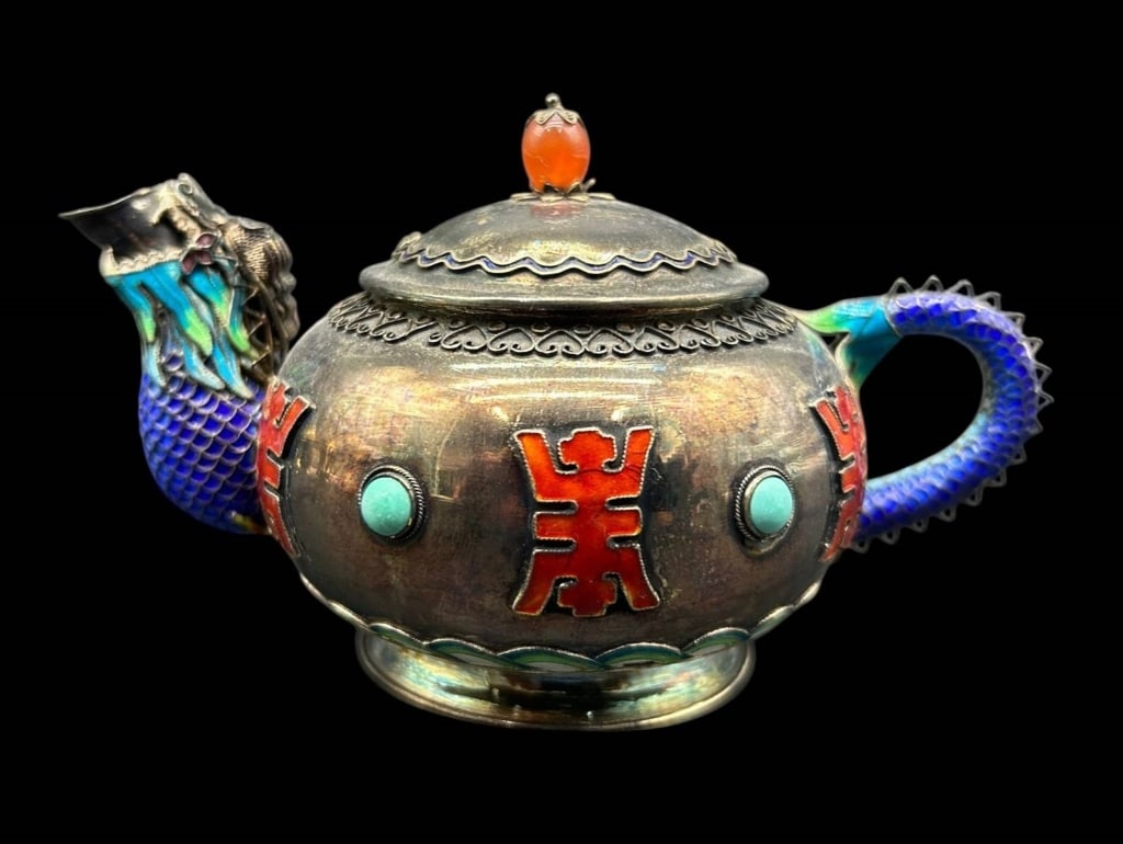 ASIAN SILVER ENAMEL DRAGON TEAPOT 132 GRAMS 5": Asian silver teapot featuring an elaborate dragon-form spout and handle decorated in vivid cobalt blue, turquoise and green enamel. The rounded body is embellished with red enamel auspicious-style sym