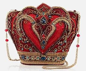 NEW MARY FRANCES CRIMSON QUEEN BAG: Rule every room with Crimson Queen a regal crown shaped bag in deep crimson, adorned with sparkling jewels, gold accents, and a heart shaped centerpiece. Finished with a chain strap, it?s a statement 