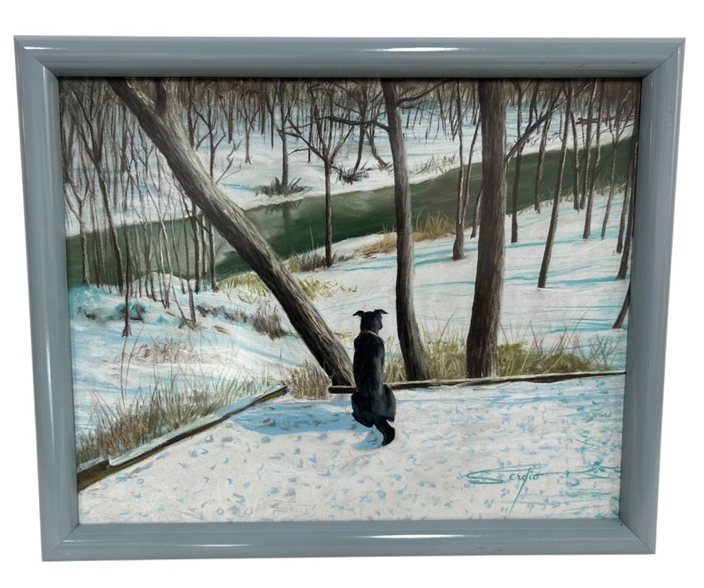 SIGNED WINTER LANDSCAPE WITH BLACK DOG 22": Signed winter landscape depicting a solitary black dog seated in a snow-covered wooded setting overlooking a winding river. Rendered in a cool palette of icy blue, white, green and brown with strong l