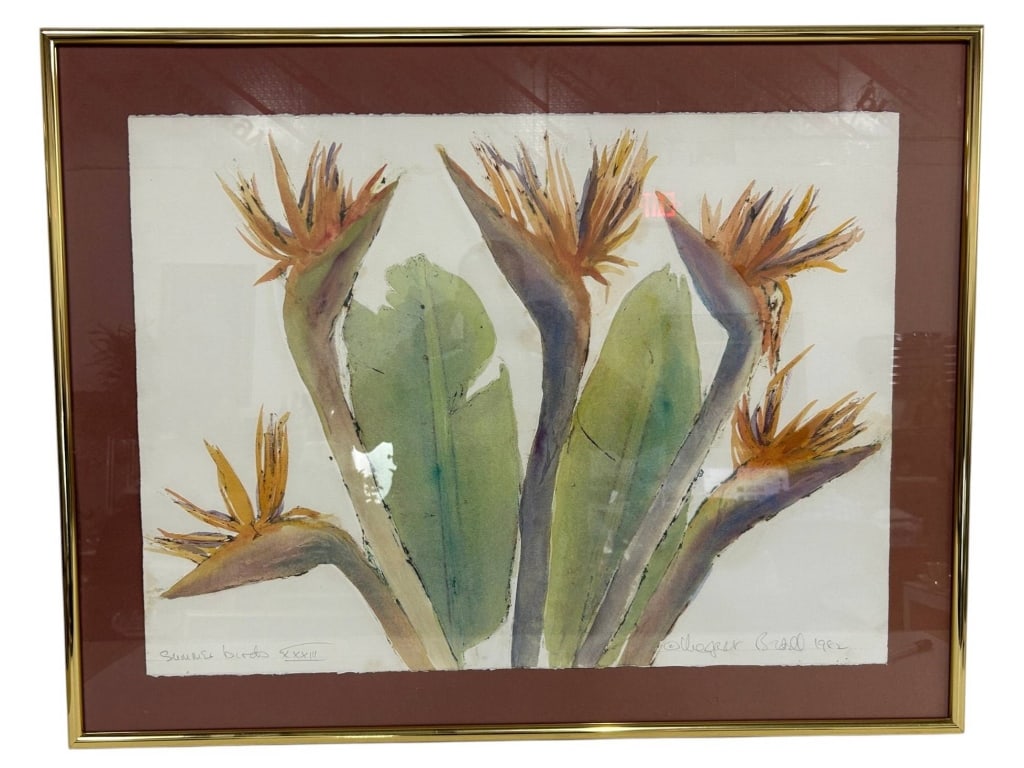 SIGNED BIRD OF PARADISE FLORAL ART 36": Large signed botanical artwork depicting a dramatic grouping of Bird of Paradise flowers with elongated green leaves in warm orange, rust, purple and earthy tones. The composition has a loose, express
