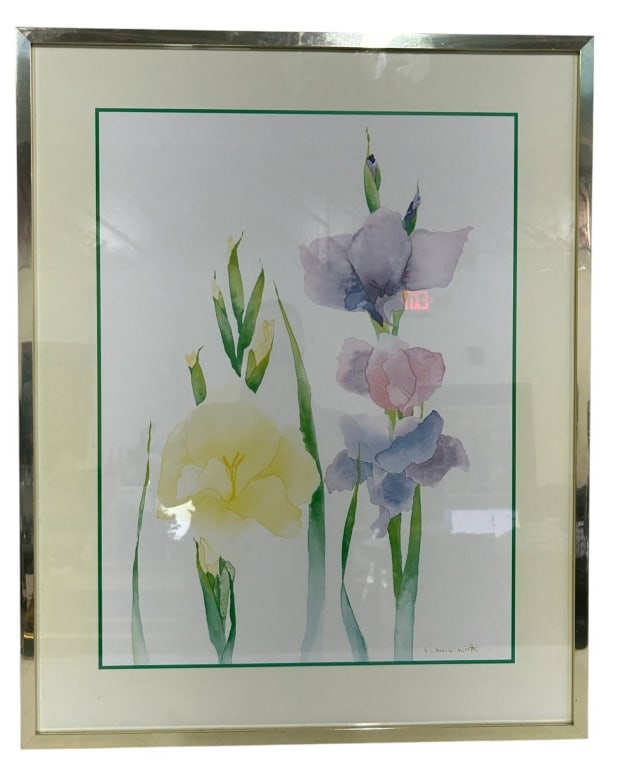 SIGNED IRIS FLORAL WATERCOLOR ART 31": Elegant signed floral watercolor featuring tall iris blossoms in soft lavender, pink, yellow and blue tones with elongated green foliage. The airy composition and delicate washes create a refined bota