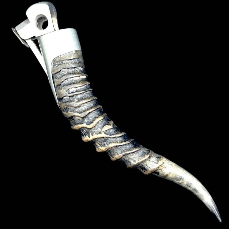 VINTAGE GERMAN HORN CIGAR CUTTER 8": Distinctive vintage German tobacciana cigar cutter fashioned with a genuine animal horn handle retaining its natural ridged texture, coloration and gracefully curved pointed form. The horn is fitted w