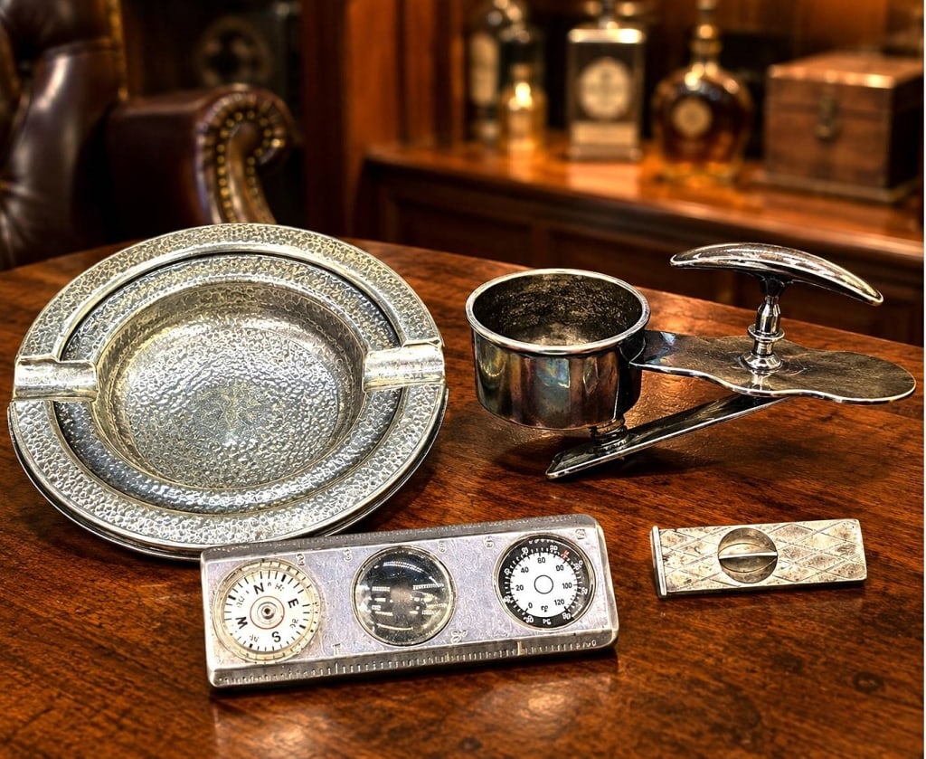 ANTIQUE SMOKING & TOBACCIANA ACCESSORY LOT 5.5": Interesting collection of vintage and antique smoking and gentleman?s accessories, including portable cigar ashtray (attaches to arm chair or table) with cigar rest, a hammered metal ashtray, a compac