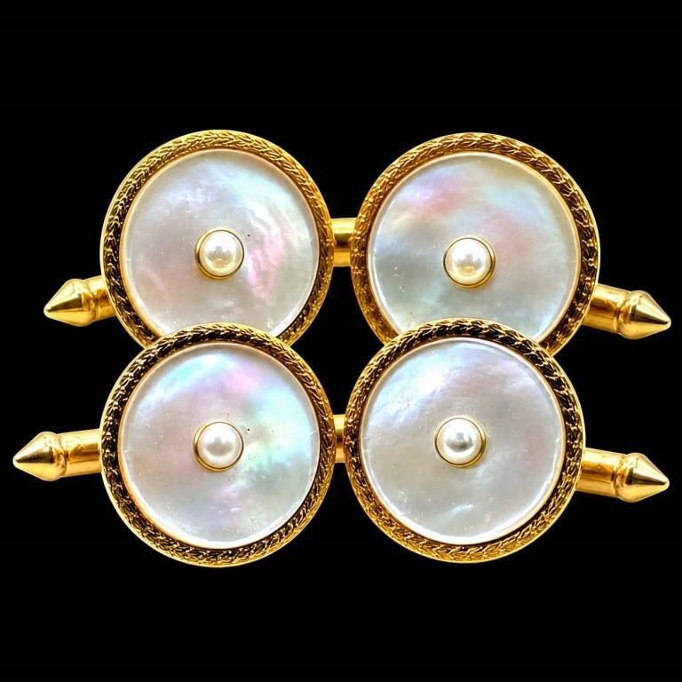 LARTER & SONS 14K GOLD & MOP DRESS BUTTON SET 1": Fine Art Deco Larter & Sons gentleman?s formal tuxedo jewelry set crafted in 14K yellow gold and featuring luminous mother-of-pearl faces. The circular pieces feature elegant mother-of-pearl centers w