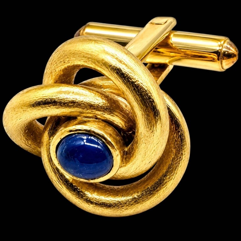14K GOLD BLUE CABOCHON KNOT CUFFLINK 10.5G: Vintage single 14K yellow gold cufflink featuring a bold sculptural interlocking knot design centered by a bezel-set deep blue cabochon gemstone. The substantial dimensional goldwork gives the piece a